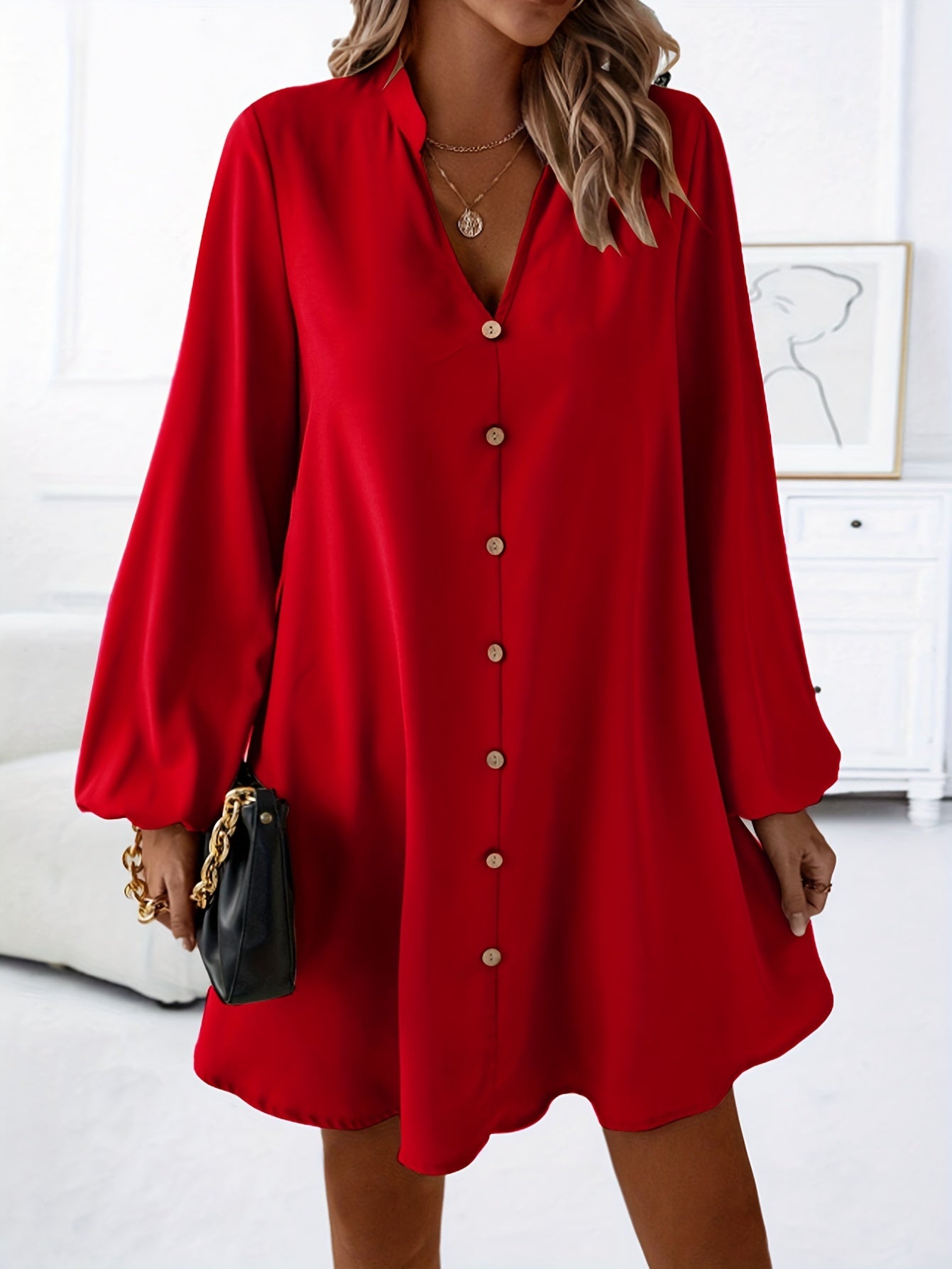 Effortlessly Chic Solid Color V-Neck Dress - Long Sleeve, Loose Fit for Spring & Fall - Stylish Womens Wardrobe Essential